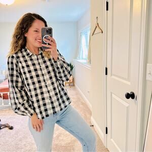 THE GREAT. Black White Heart Plaid Cotton Linen Blouse Top Small 1